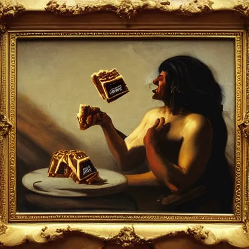 Image similar to saturn devouring a snickers chocolate bar, goya painting, in the style of goya and greg rutkowski, in the style of black paintings, 8 k, highly realistic