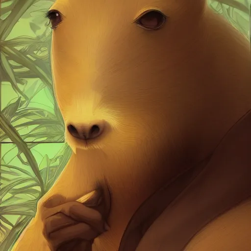 Image similar to capybara as an anime waifu, anime, weeb, die cut sticker , intricate, elegant, highly detailed, digital painting, artstation, concept art, smooth, sharp focus, illustration, art by artgerm and greg rutkowski and alphonse mucha and francisco goya