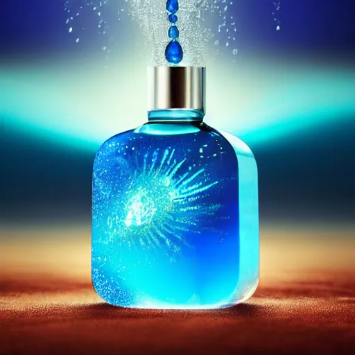 Image similar to advertisement for a blue perfume bottle surrounded by turquoise water droplet and galactic waves, textless, lonely world still shining through faintly rainbow led lights, beautiful surreal scenery artwork, soul dust, unthinkable dream sublime god lighting, sun rays, cold colors, insanely detailed, artstation!! pixiv!! infinitely detailed