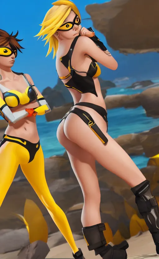 Image similar to tracer game character, in yellow bikini, blonde hair, black eyes, full height