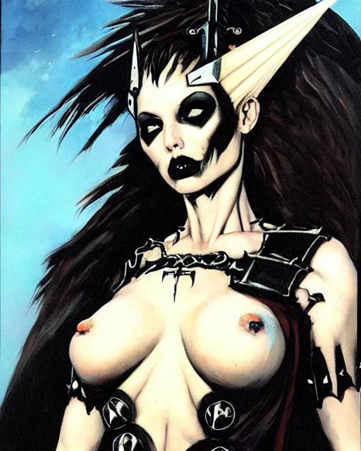 Prompt: portrait of a skinny punk goth sorceress wearing armor by simon bisley, john blance, frank frazetta, fantasy
