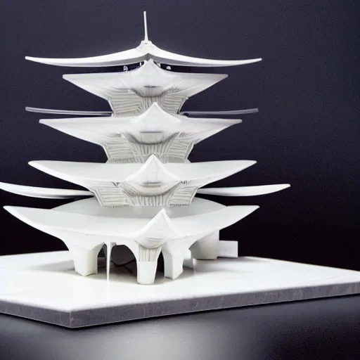 Prompt: a Japanese pagoda built out of white marble and platinum, studio lighting, very detailed, high quality photo, designed by zaha hadid, sculped by Norman foster