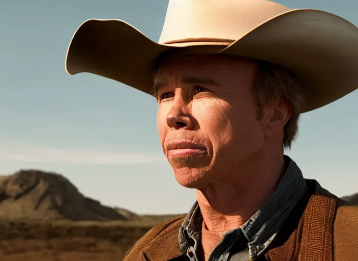 Prompt: film still of Clint Howard as Cooper with cowboy hat on in Interstellar, 4k