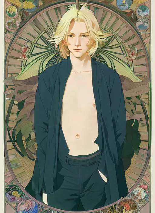 Image similar to pretty young man with shoulder length blond hair, male, half body shot, path traced, highly detailed, high quality, digital painting, by studio ghibli and alphonse mucha, leesha hannigan, hidari, art nouveau, chiho aoshima, posuka demizu