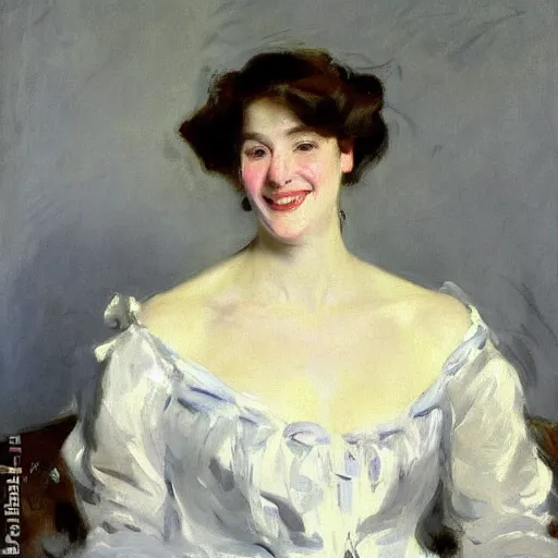 Image similar to portrait of a woman so happy, her face hurts, by john singer sargent