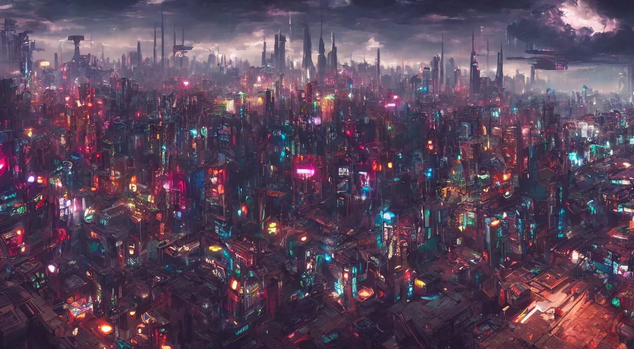 Image similar to a Stunning 3d painting of A cyberpunk city on the universe by gerg rutkowski and Daniel Romanovsky,epic lighting,beautiful sky,Retro colour,hyper detailed,Super realistic,cinematic,sci fi art,Masterpieces,8K Resolution