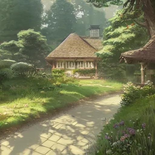 Image similar to concept art painting of an english european cottage with japanese architecture, in the woods, cozy, realistic, detailed, cel shaded, in the style of makoto shinkai and greg rutkowski and james gurney