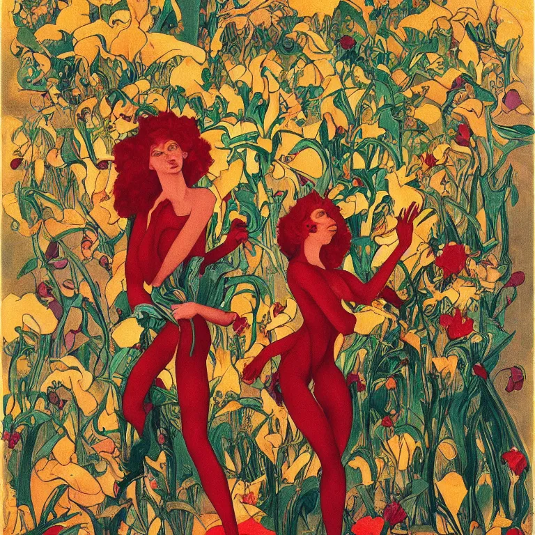 Image similar to Red-haired girl, androgynous appearance, standing in flowers, golden background Stanisław Szukalski and Roger Dean