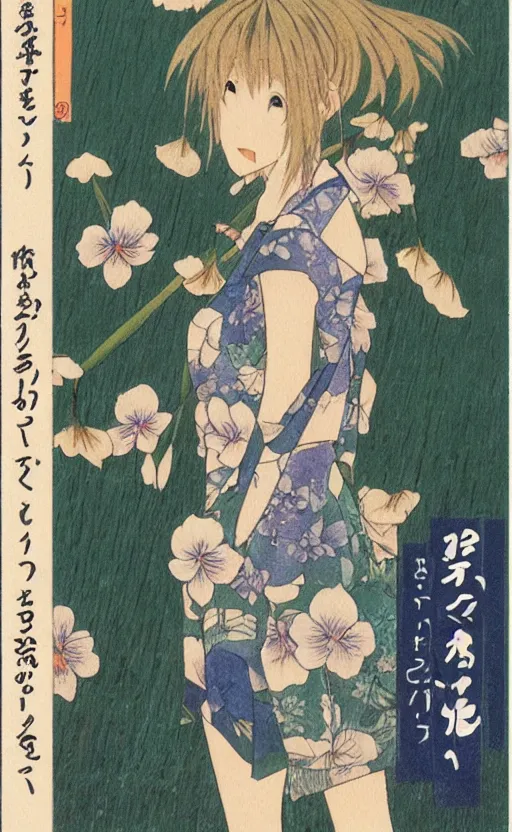 Prompt: by akio watanabe, manga art, a blond girl walking on wooden lake bridge and iris flowers, trading card front, kimono, realistic anatomy