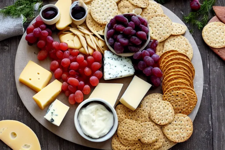 Prompt: A magical cheese platter with crackers