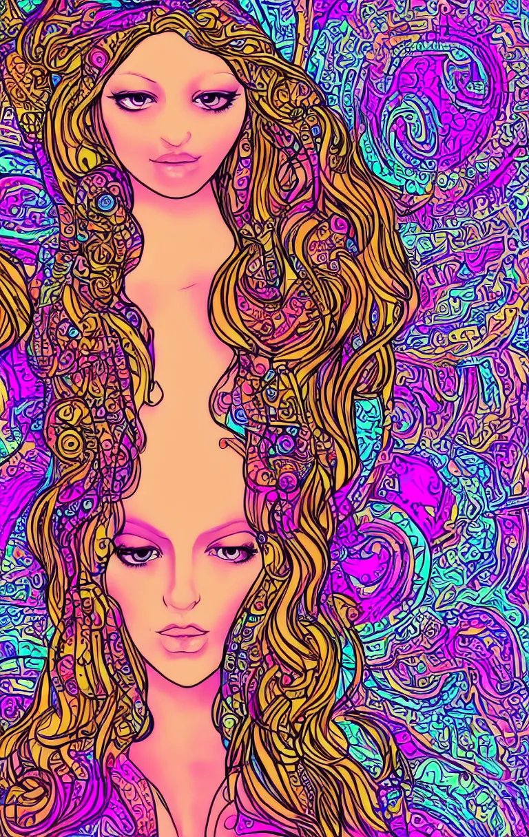 Image similar to beautiful hippie girl illustration, closeup in bikini over psychedelic sacred geometry hallucination