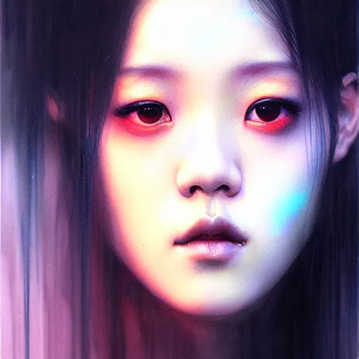 Image similar to jisoo of blackpink, hyperrealistic portrait, bladerunner street, by karol bak and agnes cecile, fantasy art, photo realistic, dynamic lighting, artstation, poster, volumetric lighting, very detailed face, intricate complexity, rule of thirds, 8 k, award winning