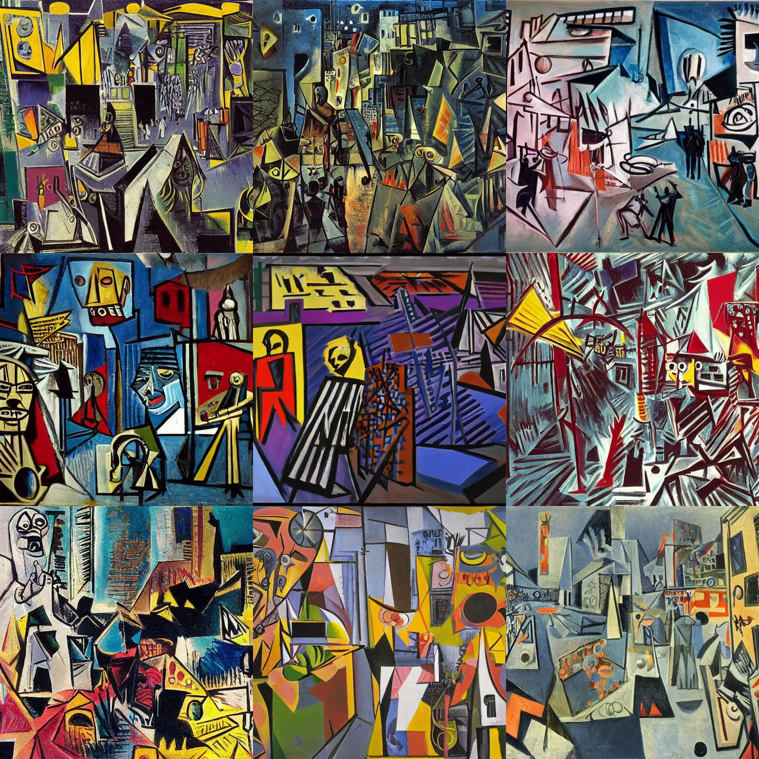 Prompt: A cyberpunk street riot painted by Pablo Picasso