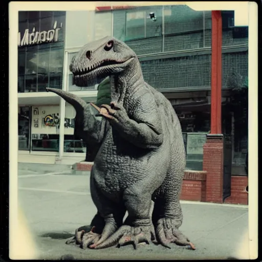 Prompt: a polaroid photo of an old man standing next to a dinosaur statue outside mcdonald's