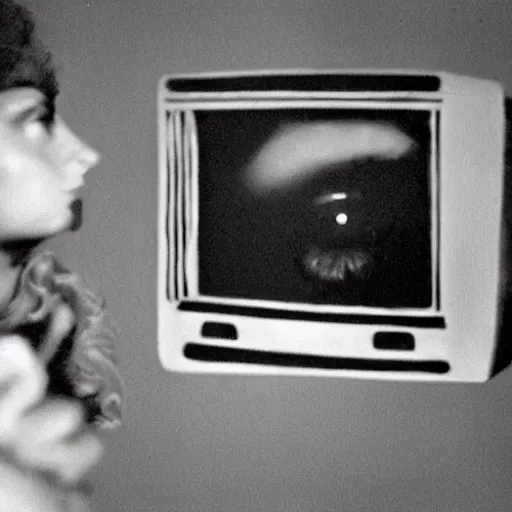 Prompt: woman watching tv screens old television poltergeist room, creepy, 8 mm, found footage