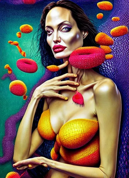 Image similar to hyper detailed 3d render like a Oil painting - Angelina Jolie in fishnets with black hair in thick mascara seen Eating of the Strangling network of colorful yellowcake and aerochrome and milky Fruit and Her delicate Hands hold of gossamer polyp blossoms bring iridescent fungal flowers whose spores black the foolish stars by Jacek Yerka, Mariusz Lewandowski, Houdini algorithmic generative render, Abstract brush strokes, Masterpiece, Edward Hopper and James Gilleard, Zdzislaw Beksinski, Mark Ryden, Wolfgang Lettl, Dan Hiller, hints of Yayoi Kasuma, octane render, 8k