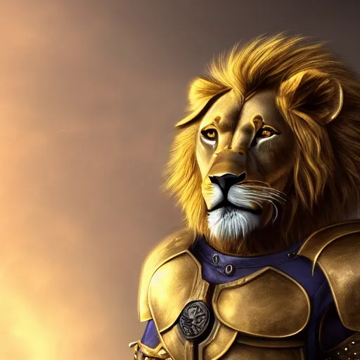 Image similar to a award winning commission photograph of an anthropomorphic lion with human features wearing a golden knight armor, digital art, character concept, highly detailed, deviantart, artstation, beautiful, photorealistic, imagination, fantasy, dramatic