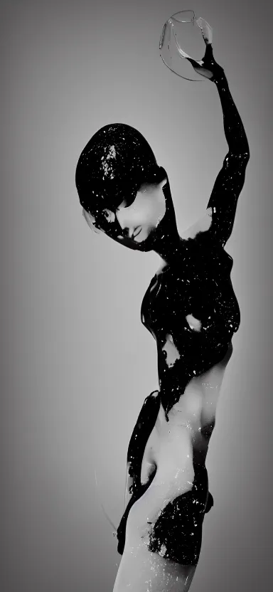 Image similar to film still, perfect female body silhouette, liquid sculpture, astral clockwork, abstract shapes, photorealism, beautiful portrait, white and black latex mixture, black ink, body acts photography, abstract art, concept art, matte painting, bokeh lights, one point light, elegant, weta fx, weta digital, artstation