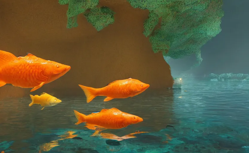 Image similar to a cave lake with some orange fish swimming inside, studio ghibli, pixar style, octane render, unreal engine 5, path traced, highly detailed, high quality, 8 k, soft lighting, godrays, complementary colors, natural lighting, water parallax, serene landscape, beautiful, elegant, digital painting