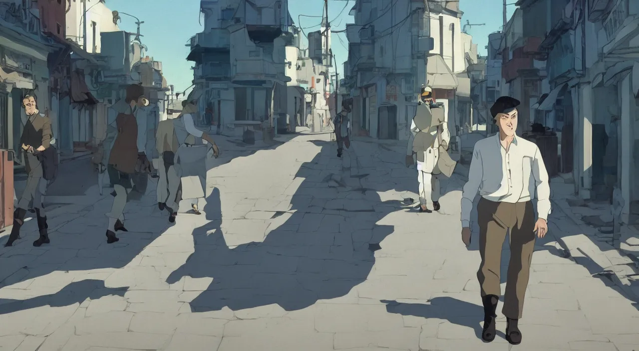 Image similar to ernest shackleton in a crisp white linen shirt and slacks, leather boots, walking in a cuban street, 1 9 0 0, genndy tartakovsky, atey ghailan, goro fujita, studio ghibli, rim light, mid morning lighting, clear focus, very coherent