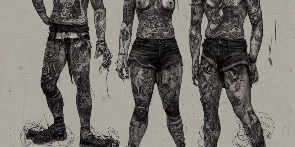 Prompt: tattooed goat, wearing scratched and ripped leather shorts and a short jacket full of stamps and stitches, character sheet, fine details, concept design, contrast, brigitte bardot, kim jung gi, greg rutkowski, trending on artstation, 8 k, full body, turnaround, front view, back view, ultra wide angle