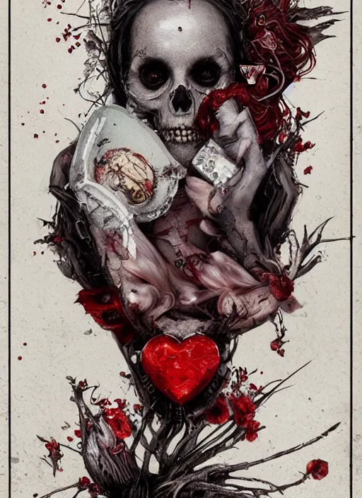 Image similar to Hungry Queen of Hearts with White Rabbit, Death Tarot card,highly detailed,half skull face,cinematic,8k,by Stanley Artgermm,Tom Bagshaw,Greg Rutkowski,Carne Griffiths, Ayami Kojima, Beksinski, Giger,trending on DeviantArt,hyper detailed,horror, full of colour