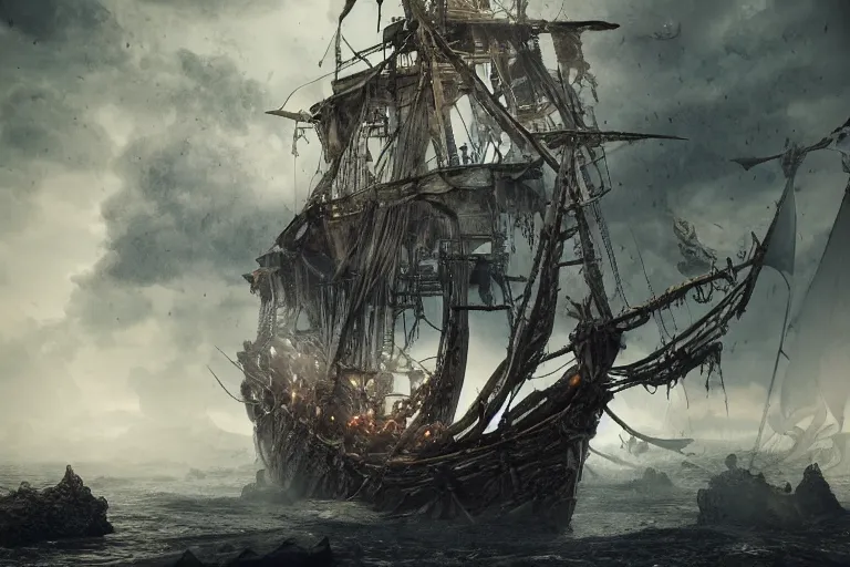 Image similar to a pirate ship with elaborate design driven by skeletons in the middle of a thunderstorm, dark souls inspired, elden ring inspired, octane render, rtx, unreal engine 5, digital painting, trending on artstation, highly detailed, epic composition, 8 k uhd