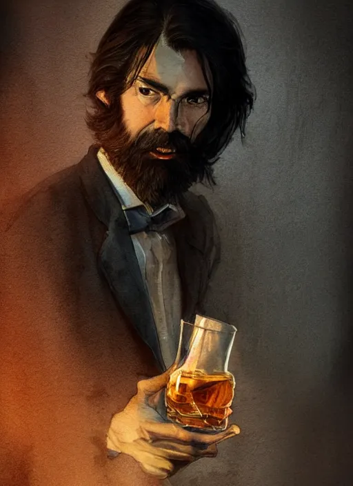 Prompt: portrait, a handsome skinny small Frenchman with beard and long black hair toasting with whiskey, watercolor, dramatic lighting, cinematic, establishing shot, extremely high detail, foto realistic, cinematic lighting, digital art, vector, by Yoshitaka Amano, Ruan Jia, Kentaro Miura, Artgerm, post processed, concept art, artstation, matte painting, style by eddie mendoza, raphael lacoste, alex ross