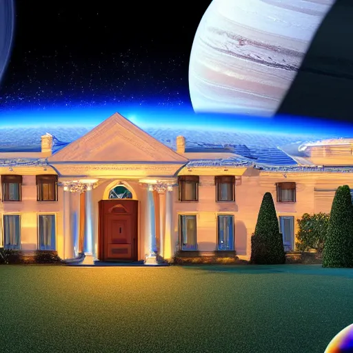 Prompt: fancy house style mansion on saturn with view overlooking planet rings and space galaxy nebula background, luminescent detailed 4 k vibrant and strong colors