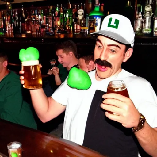 Image similar to luigi from super mario chugging a beer with the boys at the bar