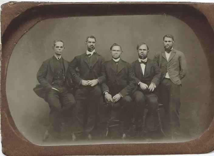 Image similar to tintype photo a group of men with a woolly mammoth