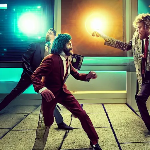 Image similar to a fight between a boho cyberpunk hippie and a high - tech suit businessman, epic art, cinematic mid shot fight