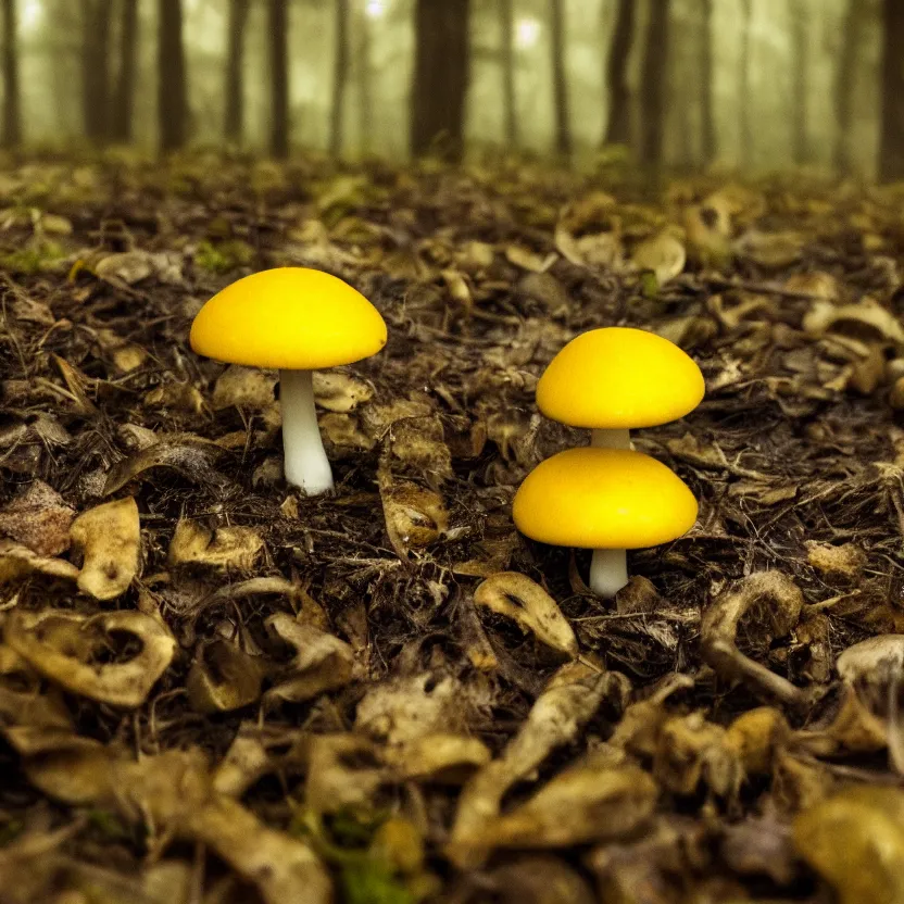 Prompt: a little yellow mushroom in a moody dreamy forest