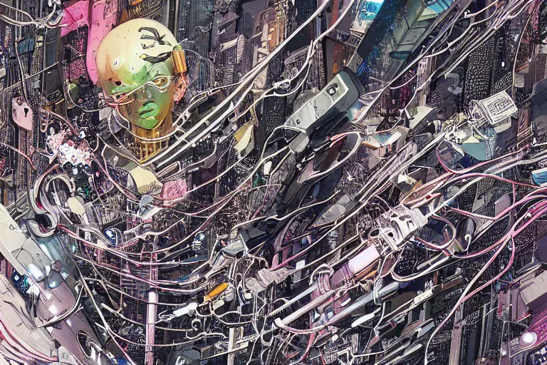 Prompt: an extremely beautiful cyberpunk illustration of parts of female androids' bodies scattered across an empty white background with cables and wires coming out, by katsuhiro otomo and masamune shirow, hyper-detailed, colorful, bird view