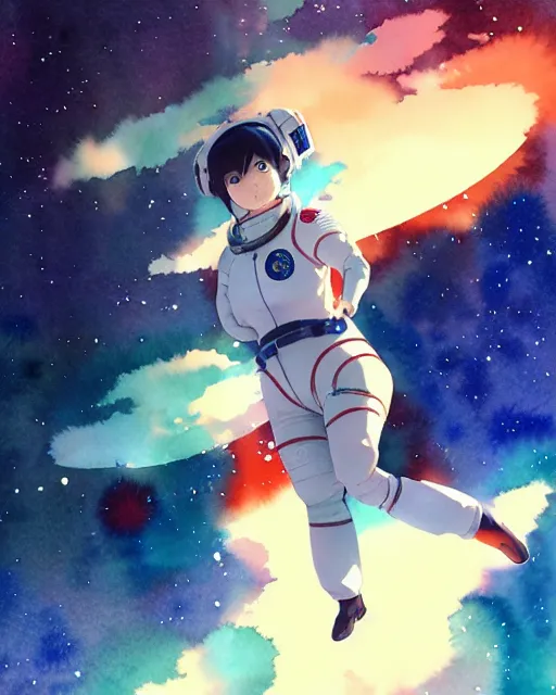 Prompt: oriental water color of a cute thicc astronaut woman, floating through space, backlit, by makoto shinkai and krenz cushart