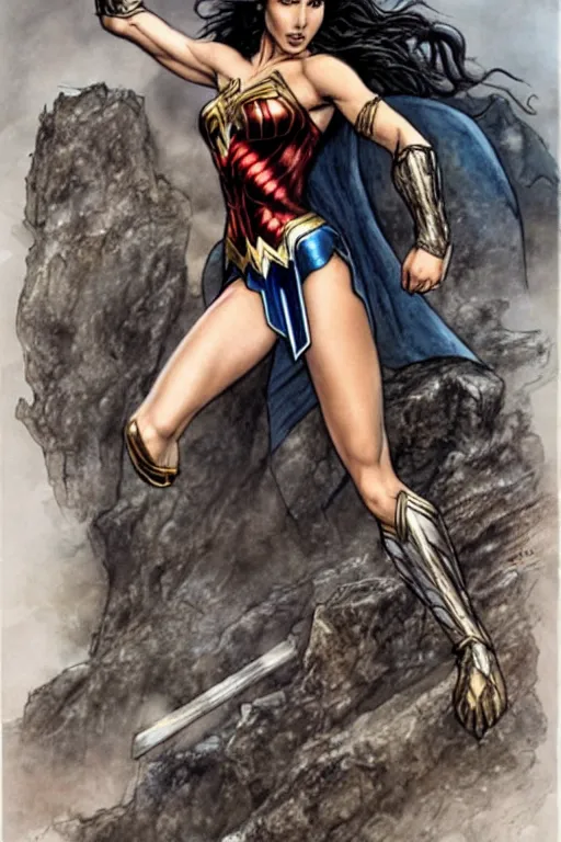 Prompt: Gal Gadot as Wonder Woman with athletic body, illustration by Luis Royo