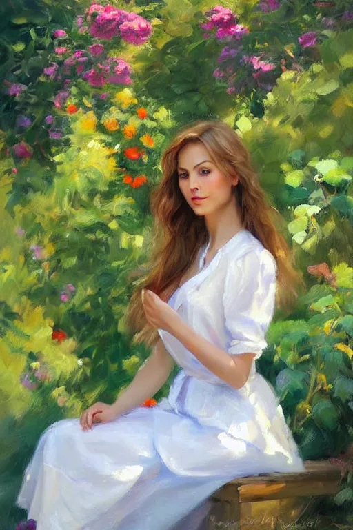 Prompt: portrait of a beautiful woman in the garden, morning, highly detailed, ultrarealistic oil painting, vladimir volegov, artstation