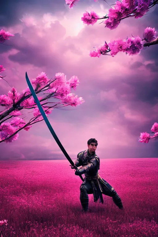 Image similar to illustration cinematic humanoid dragon yielding katana in a field of pink flowers, highly detailed digital art masterpiece, smooth vitaly bulgarov eric zener dramatic blue light, ground angle uhd 8 k, sharp focus