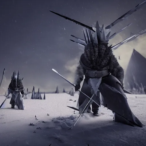 Image similar to ice spikes are summoned from the ground by magic, a group of knights in plate - armor gets impaled by bloody spikes, death on the spot, gloomy lights in the sky, feeling of cold terror, octane render, unreal engine, 8 k