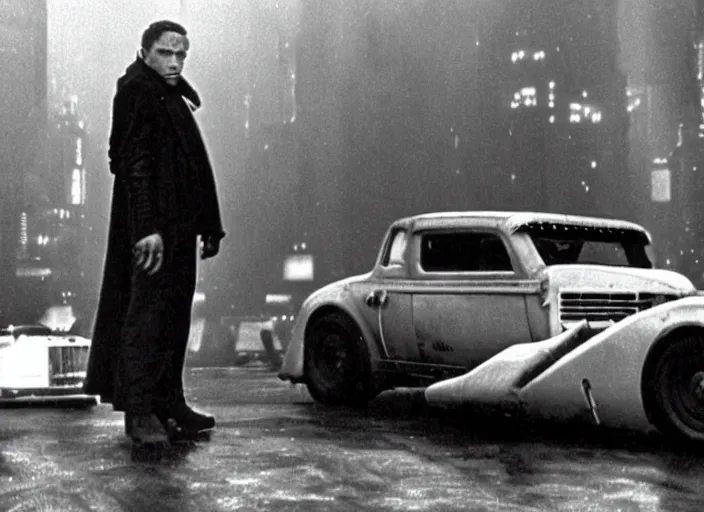 Image similar to scene from the 1932 science fiction film Blade Runner with the main character standing next to a vehicle