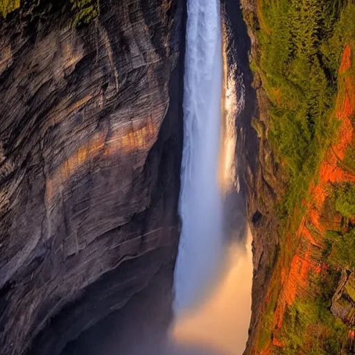 Image similar to helmcken falls, sunset lighting, ultra high definition, realistic, photograph, award winning, nature