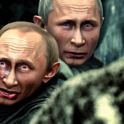 Image similar to Vladimir Putin as Gollum in Lord of the Rings, burning fires of Mordor in the background