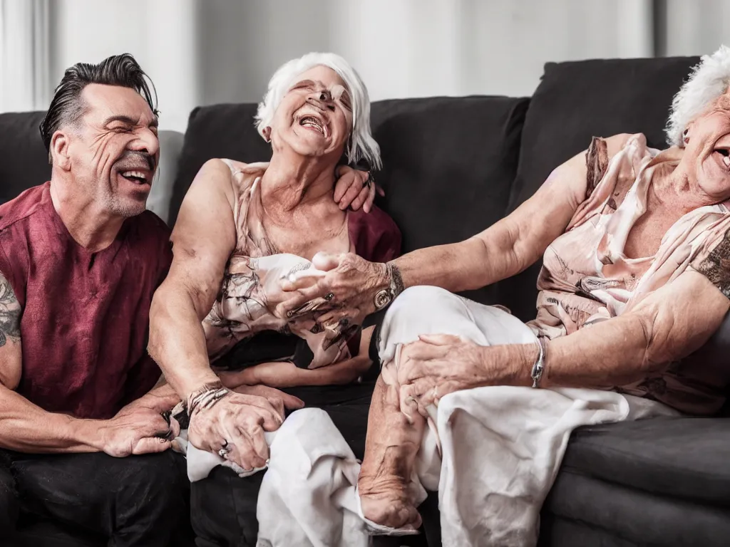 Image similar to close - up photo of a till lindemann sits on the couch with grandmother both laughing, natural lighting, wide lens, 4 k