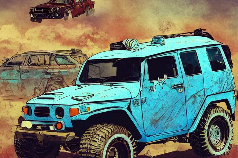 Image similar to digital illustration of a futuristic faded cyan mad max's fj 4 0 decrepit!!!! pursuit special, rusty!!! cyberpunk nissan fj cruiser heavily modded 1 9 9 0 s, the last v 8 interceptor by makoto shinkai, ilya kuvshinov, lois van baarle, rossdraws, basquiat