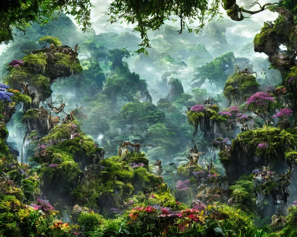 Image similar to the beastlands, avatar ( 2 0 0 9 ), lush landscape, jungle landscape, flowers
