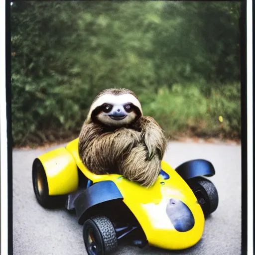 Image similar to photo of a sloth in a go kart on a race track holding a banana, polaroid 6 0 0 film