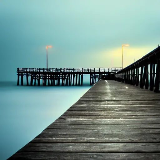 Image similar to a blurry photo of a a pier with lights during the blue hour, a tilt shift photo by ian spriggs, featured on flickr, modular constructivism, long exposure, multiple exposure, soft mist