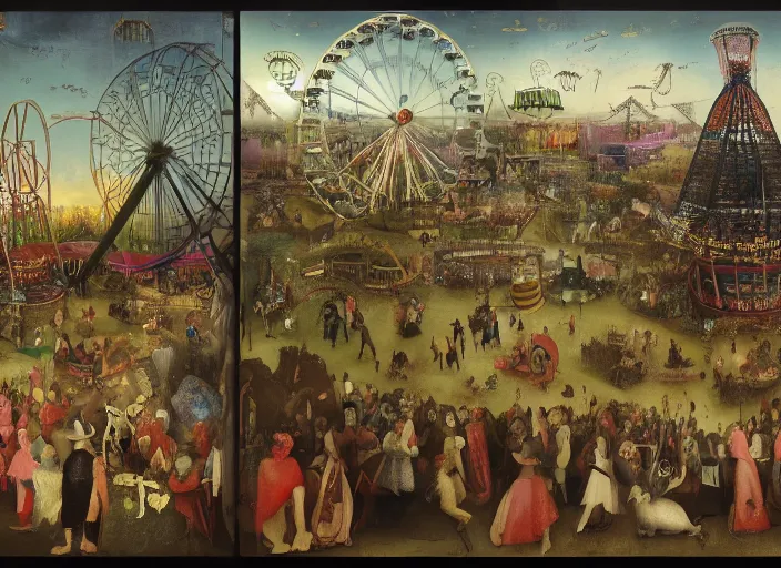 Prompt: highly detailed matte painting, colorful, of a haunted circus with ferris wheel, roller coaster, tents, animals by hieronymus bosch, joel peter witkin, annie liebovitz, gustave dore 8 k