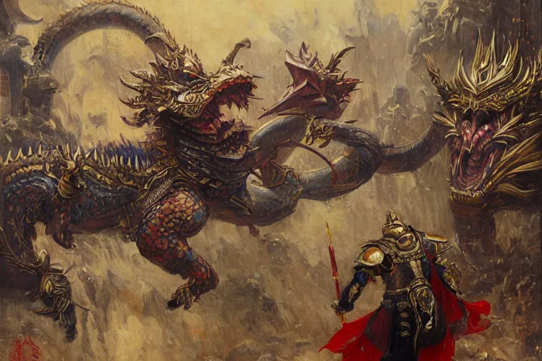 Prompt: monkey king medieval chines armor fighting dragon in tokyo city by gaston bussiere