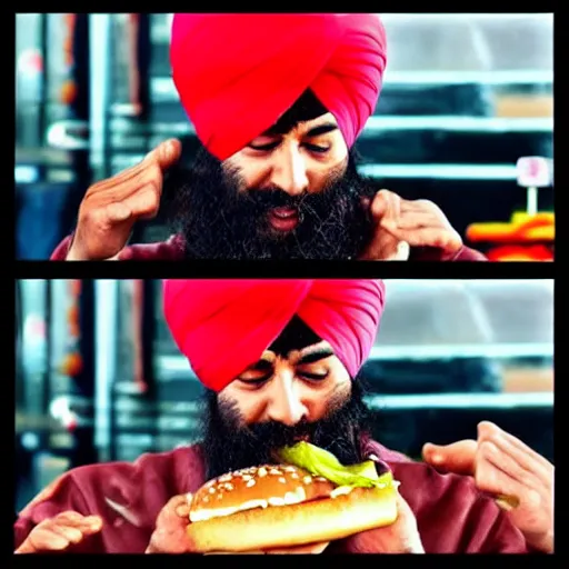 Image similar to sikh eating burger, still from dragonballz